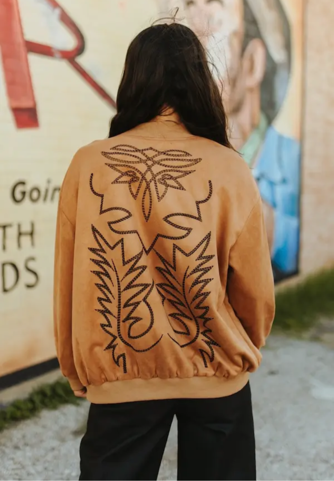 Camel Suede Boot Stitch Embroidered Bomber Jacket