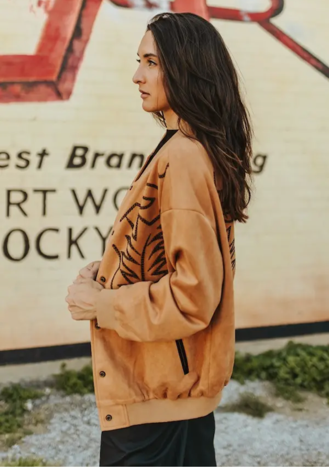 Camel Suede Boot Stitch Embroidered Bomber Jacket