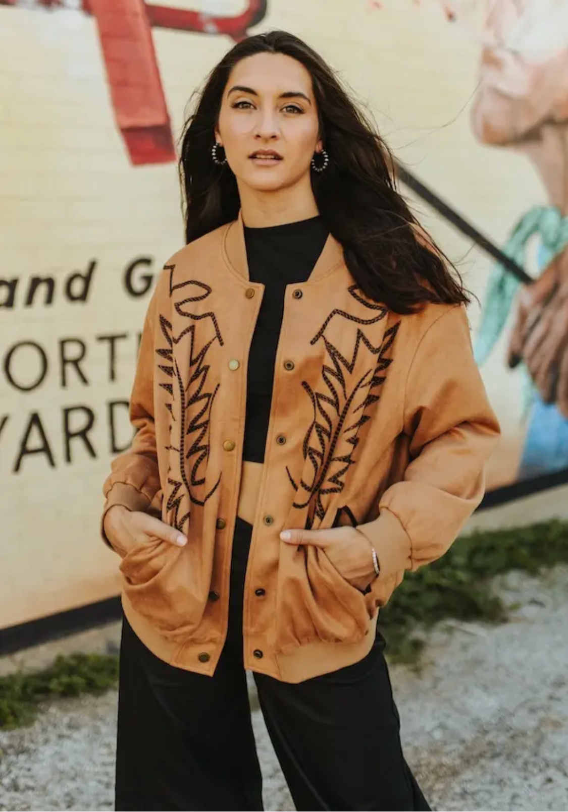 Camel Suede Boot Stitch Embroidered Bomber Jacket