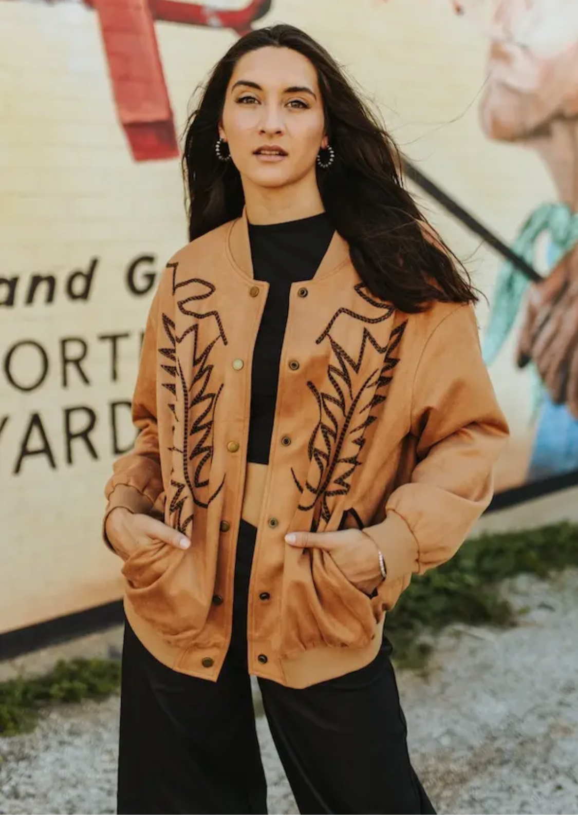 Camel Suede Boot Stitch Embroidered Bomber Jacket