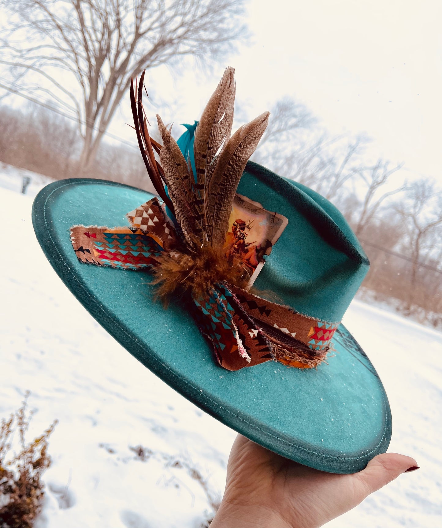 Winter Wonderland Teal Aztec Wide Brim Suede Hat