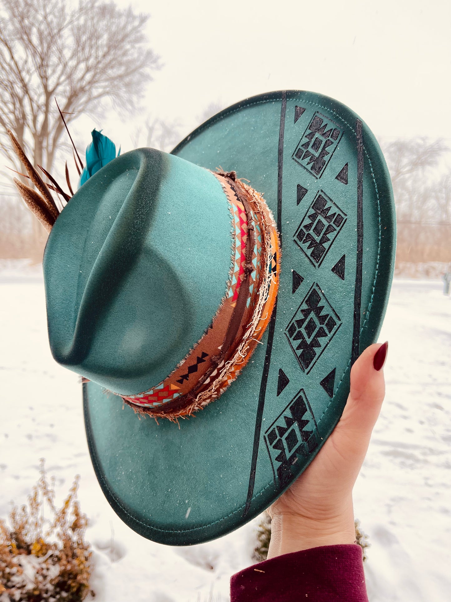 Winter Wonderland Teal Aztec Wide Brim Suede Hat