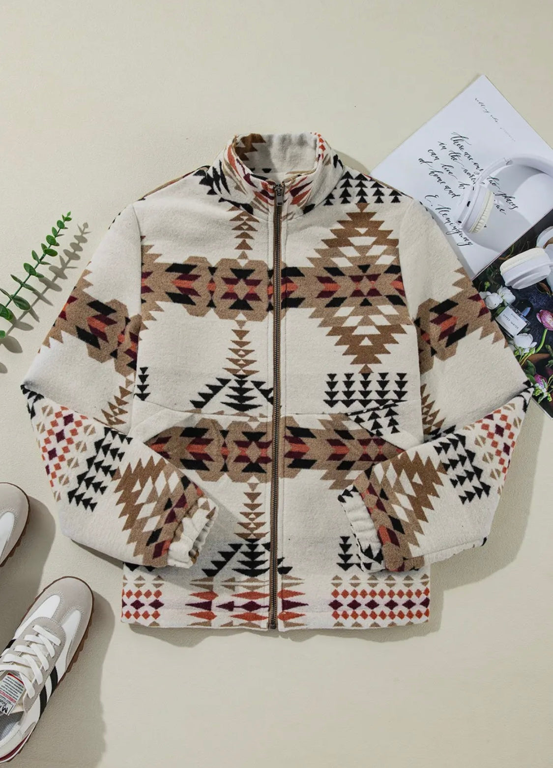 Aztec Mock Neck Zip Up Jacket