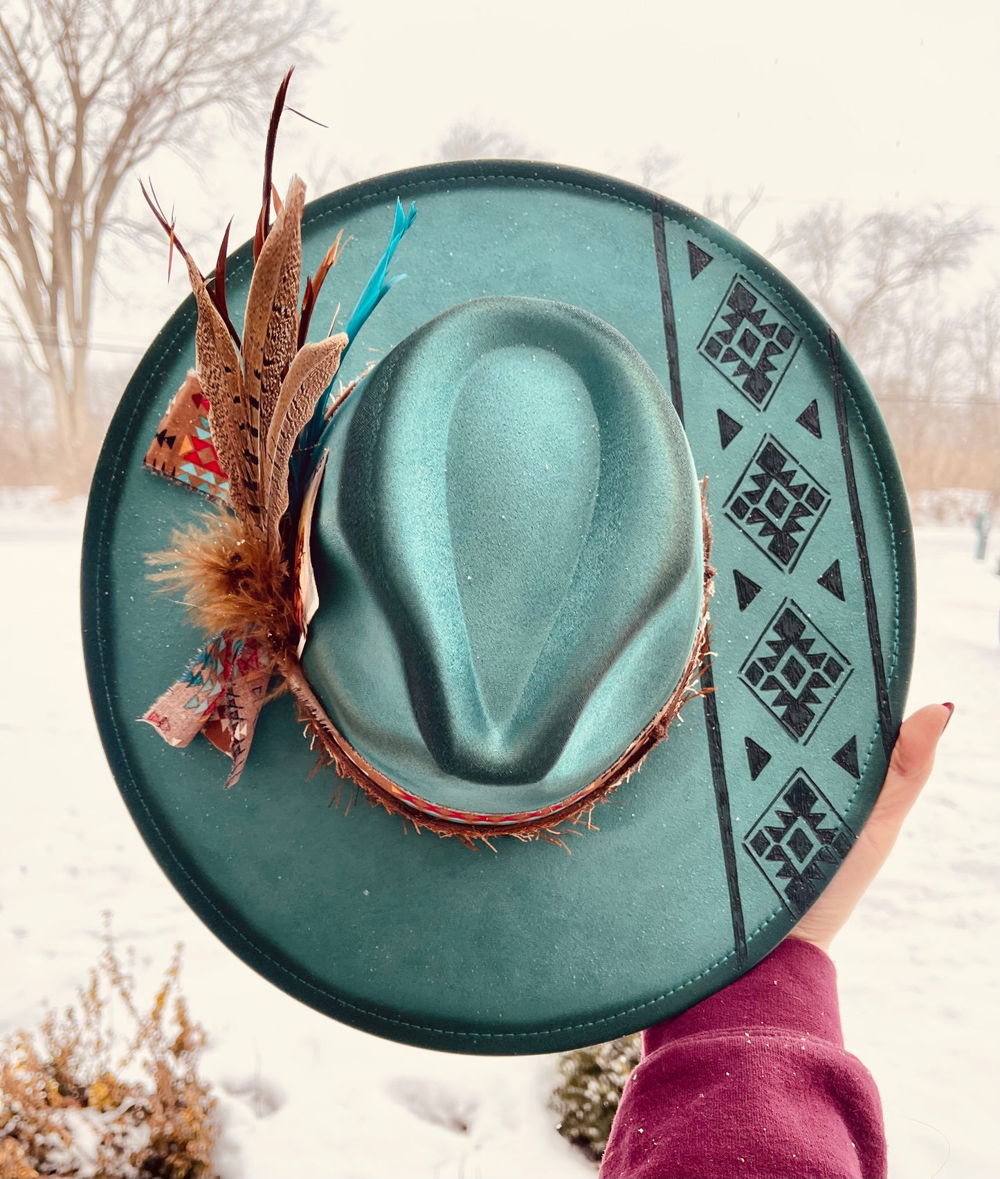 Winter Wonderland Teal Aztec Wide Brim Suede Hat