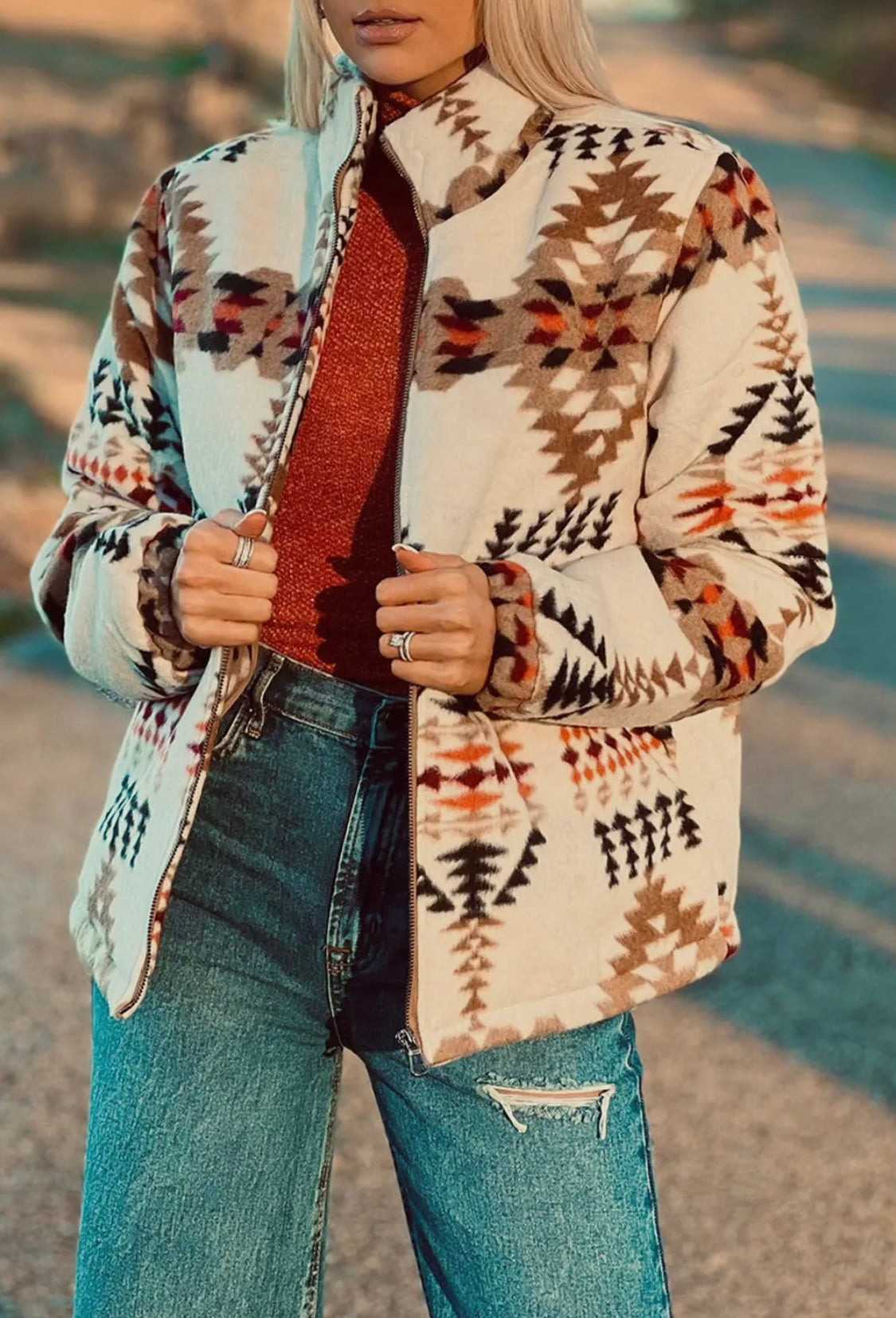 Aztec Mock Neck Zip Up Jacket