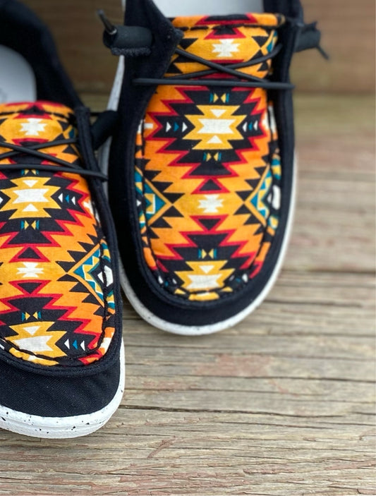 Black and Orange Aztec Hand Embellished Shoes